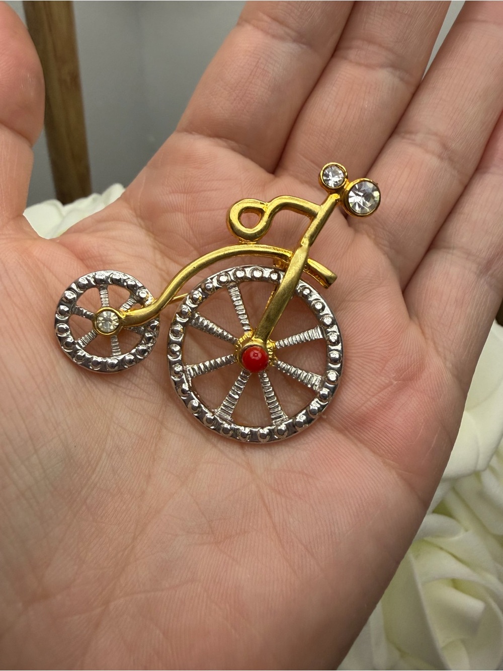 Vintage Style Bicycle Brooch with Red Accent